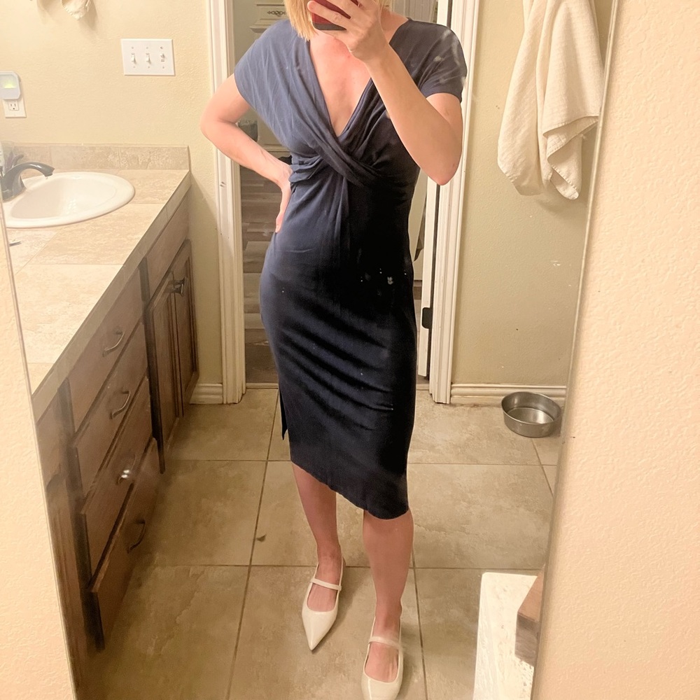 Amour Vert Francesca navy blue midi dress, size small, modal cotton spandex